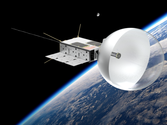 Artist's rendering of CatSat in Earth orbit, with its inflatable, beachball-like antenna deployed.