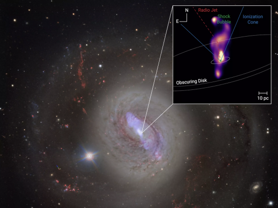 An optical image of the spiral galaxy NGC 1068 (credit ESO) overlaid with false-color emission from its radio jet 