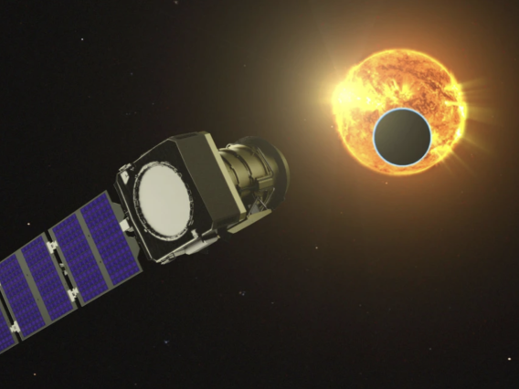 An artist's concept of the Pandora mission, seen here without the thermal blanketing that will protect the spacecraft, observing a star and its transiting exoplanet.