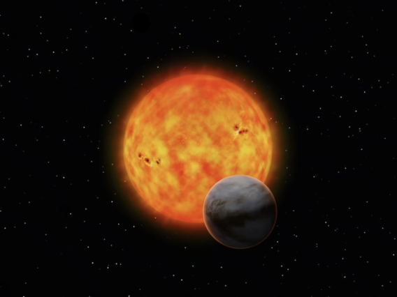 Artist’s impression of GJ 1214 b passing in front of its host star. The “transit method” allows astronomers to study an exoplanet by seeing which wavelengths of light dim when the star’s light passes through the exoplanet atmosphere.