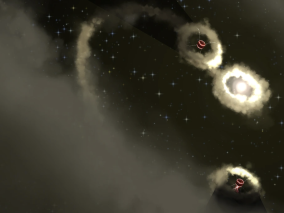 Donuts of dust: An artist’s impression of the PDS 70 system with protoplanets, each surrounded by dust rings illuminated by starlight. The planets themselves (not to scale) have thin rings of plasma heated to around 14,000 degrees Fahrenheit, which glow at the red emission line of H-alpha light.