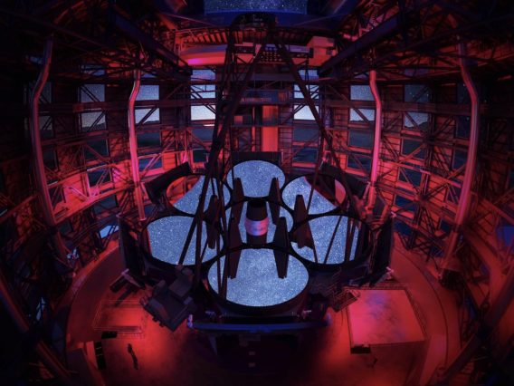 Interior view of the Giant Magellan Telescope at night. The University of Arizona is a major partner in the telescope, and is creating all its mirrors.