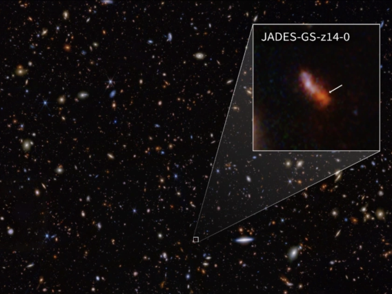 This infrared image from NASA’s James Webb Space Telescope was taken by the onboard Near-Infrared Camera for the JWST Advanced Deep Extragalactic Survey, or JADES, program. The NIRCam data was used to determine which galaxies to study further with spectroscopic observations. One such galaxy, JADES-GS-z14-0 (shown in the pullout), was determined to be at a redshift of 14.3, making it the current record-holder for most distant known galaxy. This corresponds to a time less than 300 million years after the big 