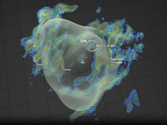 Eos is located within the "Local Bubble" – a relative cavity in the interstellar medium surrounding an area that contains the solar system.  Thomas Müller (HdA/MPIA) and Thavisha Dharmawardena (NYU)