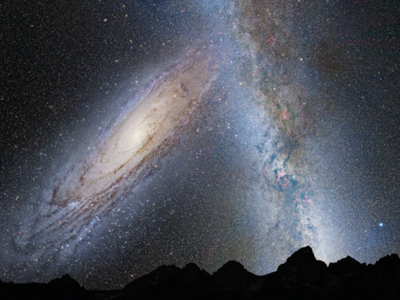 This artist's illustration shows a stage in the predicted merger between our Milky Way galaxy and the neighboring Andromeda galaxy, as it will unfold over the next several billion years. In this image, representing Earth's night sky in 3.75 billion years, Andromeda (left) fills the field of view and begins to distort the Milky Way with tidal pull.