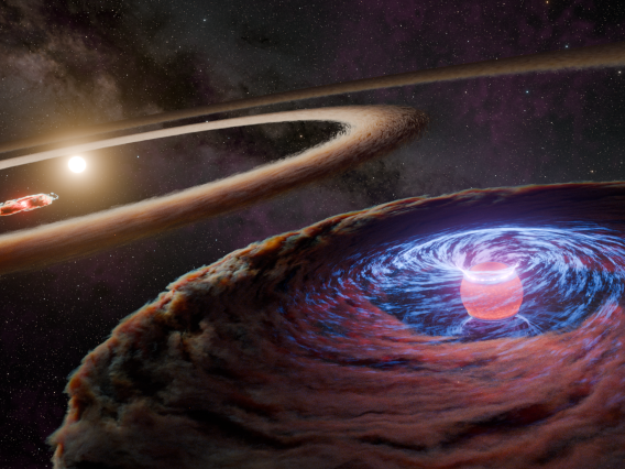 This artist's concept depicts the protoplanet WISPIT 2b accreting matter as it orbits around its star, WISPIT 2.