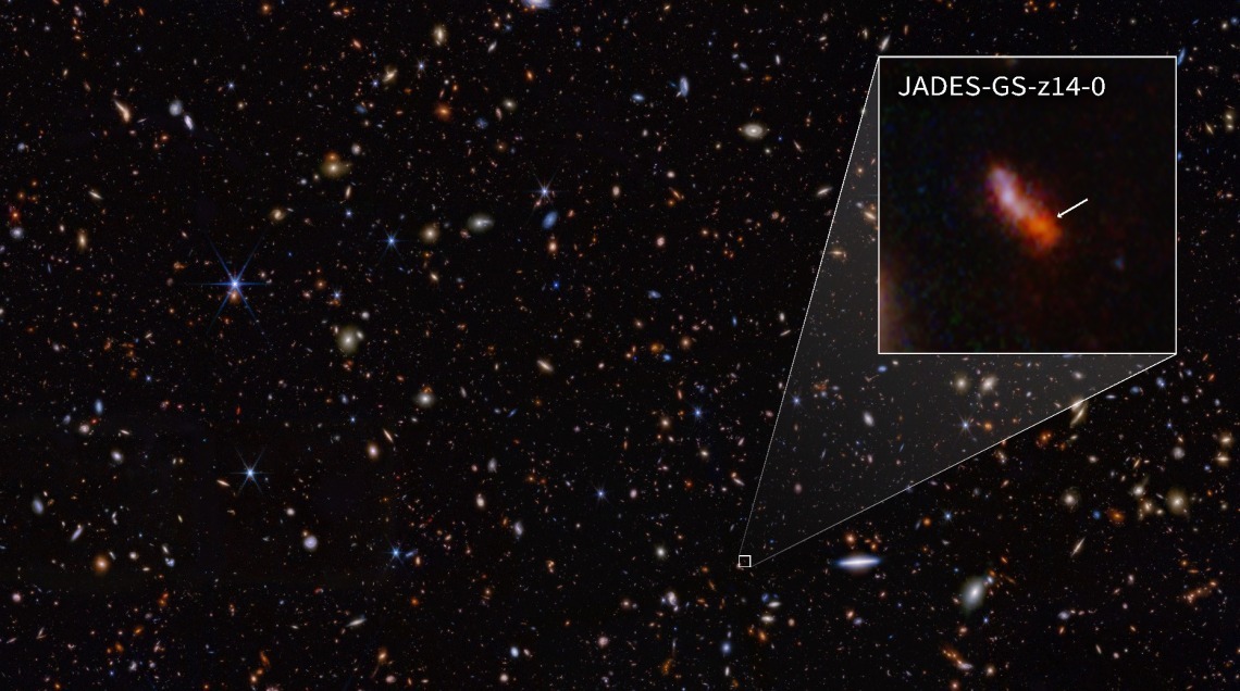 An infrared image from NASA’s James Webb Space Telescope was taken by the onboard Near-Infrared Camera for the JWST Advanced Deep Extragalactic Survey, or JADES, program