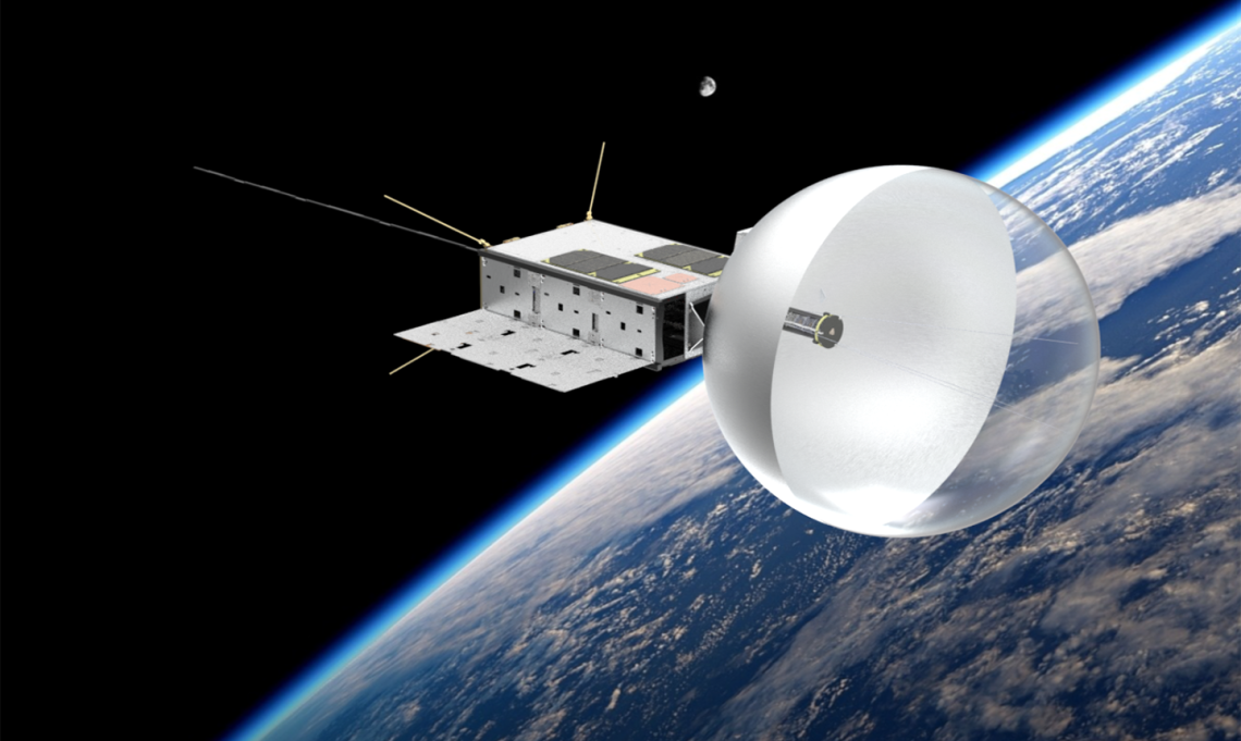 Artist's rendering of CatSat in Earth orbit, with its inflatable, beachball-like antenna deployed.