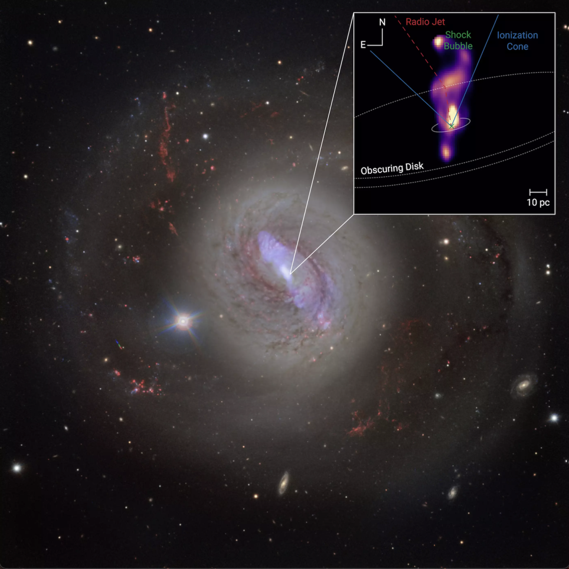 An optical image of the spiral galaxy NGC 1068 (credit ESO) overlaid with false-color emission from its radio jet