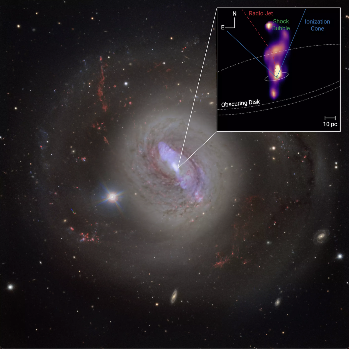 An optical image of the spiral galaxy NGC 1068 (credit ESO) overlaid with false-color emission from its radio jet 