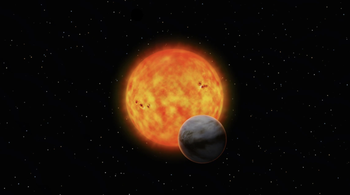 Artist’s impression of GJ 1214 b passing in front of its host star. The “transit method” allows astronomers to study an exoplanet by seeing which wavelengths of light dim when the star’s light passes through the exoplanet atmosphere.