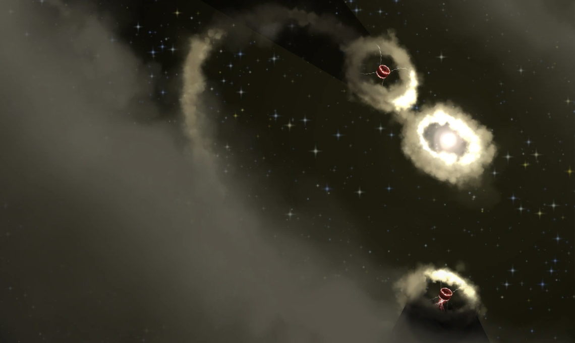 Donuts of dust: An artist’s impression of the PDS 70 system with protoplanets, each surrounded by dust rings illuminated by starlight. The planets themselves (not to scale) have thin rings of plasma heated to around 14,000 degrees Fahrenheit, which glow at the red emission line of H-alpha light.