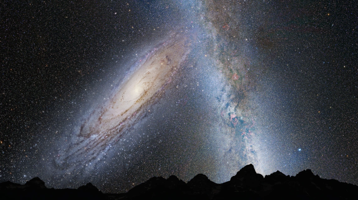 This artist's illustration shows a stage in the predicted merger between our Milky Way galaxy and the neighboring Andromeda galaxy, as it will unfold over the next several billion years. In this image, representing Earth's night sky in 3.75 billion years, Andromeda (left) fills the field of view and begins to distort the Milky Way with tidal pull.