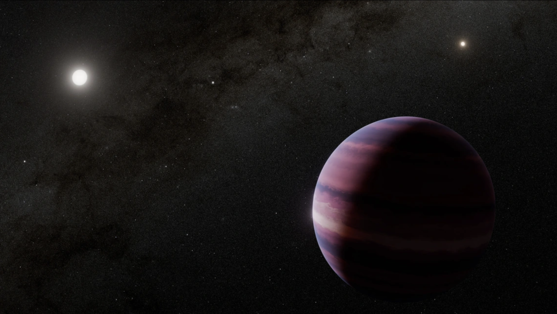 This artist’s concept shows what a gas giant orbiting Alpha Centauri A could look like. Observations of the triple star system Alpha Centauri using NASA’s James Webb Space Telescope indicate the potential gas giant, about the mass of Saturn, orbiting the star by about two times the distance between the Sun and Earth.