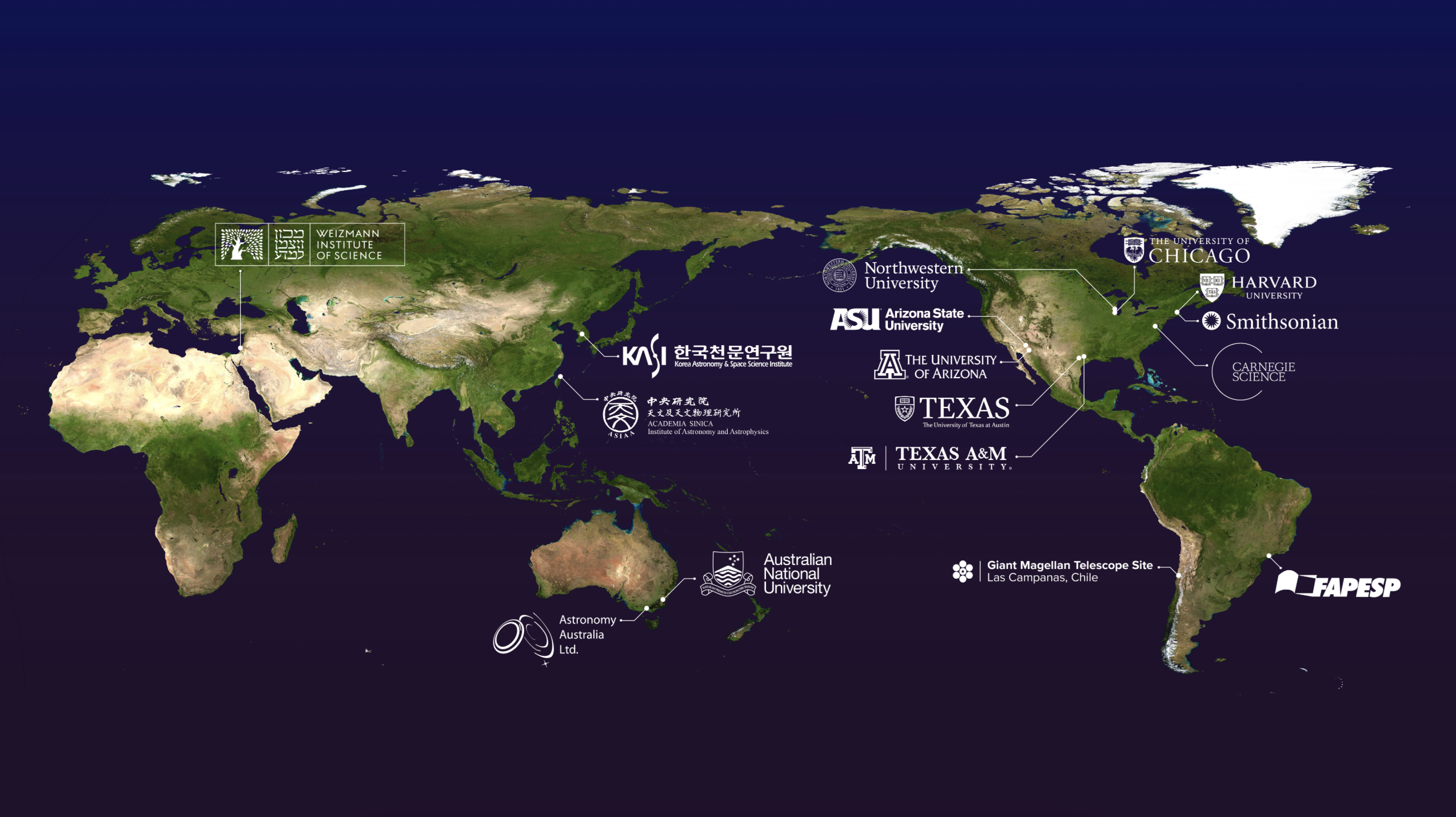 World map highlighting the 15 research institutions included in the international consortium building the Giant Magellan Telescope.