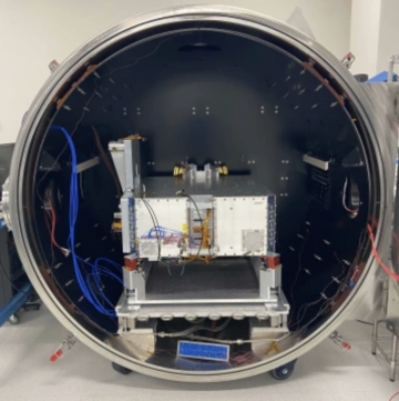 Pandora’s spacecraft bus sits in a thermal-vacuum testing chamber at Blue Canyon Technologies in Lafayette, Colorado. The bus provides the structure, power and other systems that will enable the mission to help astronomers better separate stellar features from the spectra of transiting planets.