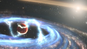 In this artist's illustration, infalling hydrogen gas causes the growing protoplanet WISPIT 2b to shine brightly in the hydrogen alpha spectrum, to which the MagAO-X instrument is particularly sensitive.